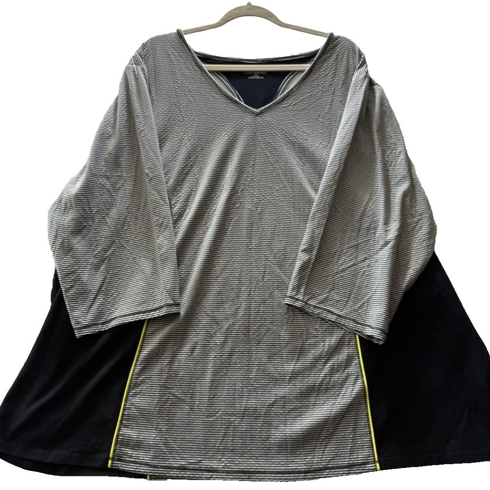Catherines 4X 30/32W Striped V-Neck Top Black White 3/4 Sleeve Colorblock Plus